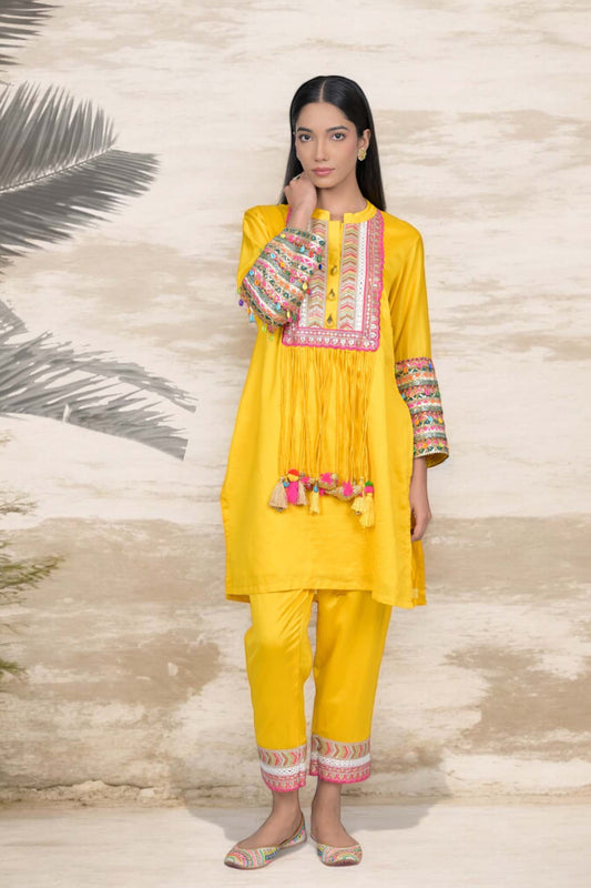 Sunshine Yellow Embroidered Kurta Set with Tassel Detail