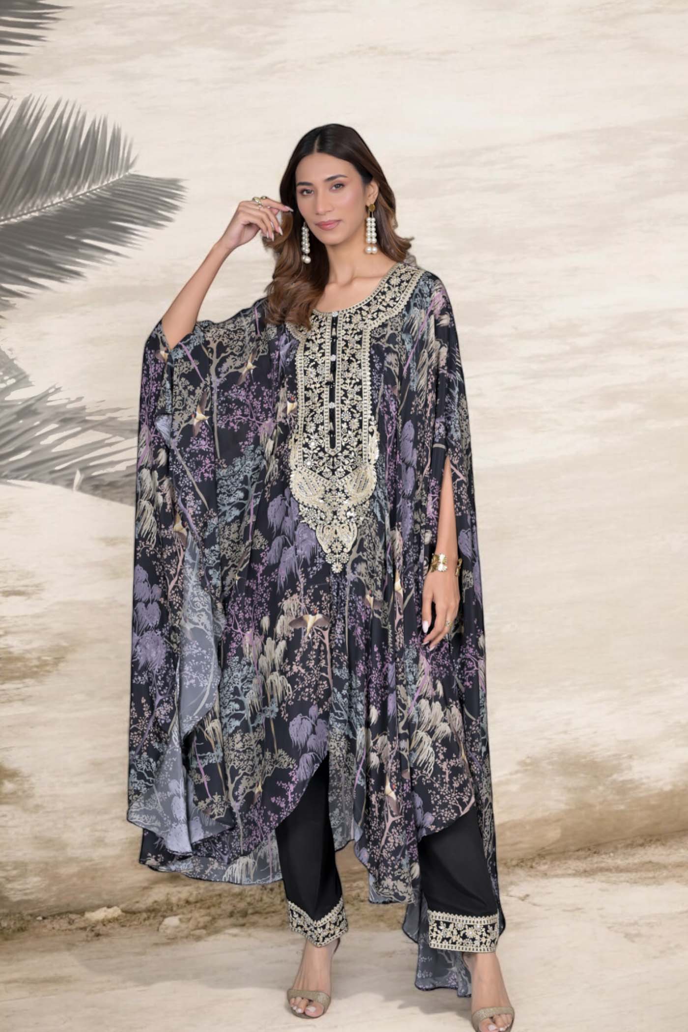 Printed Kaftan Set with Embroidery