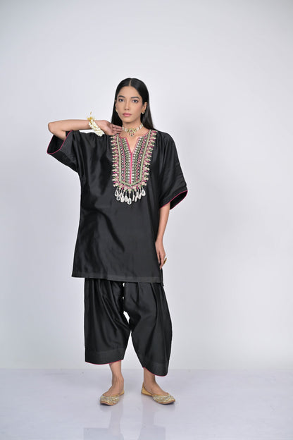 Black Embroidered Kaftan with Wide-Leg Pants Set