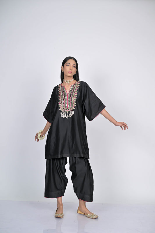 Black Embroidered Kaftan with Wide-Leg Pants Set