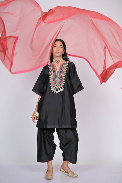 Black Embroidered Kaftan with Wide-Leg Pants Set