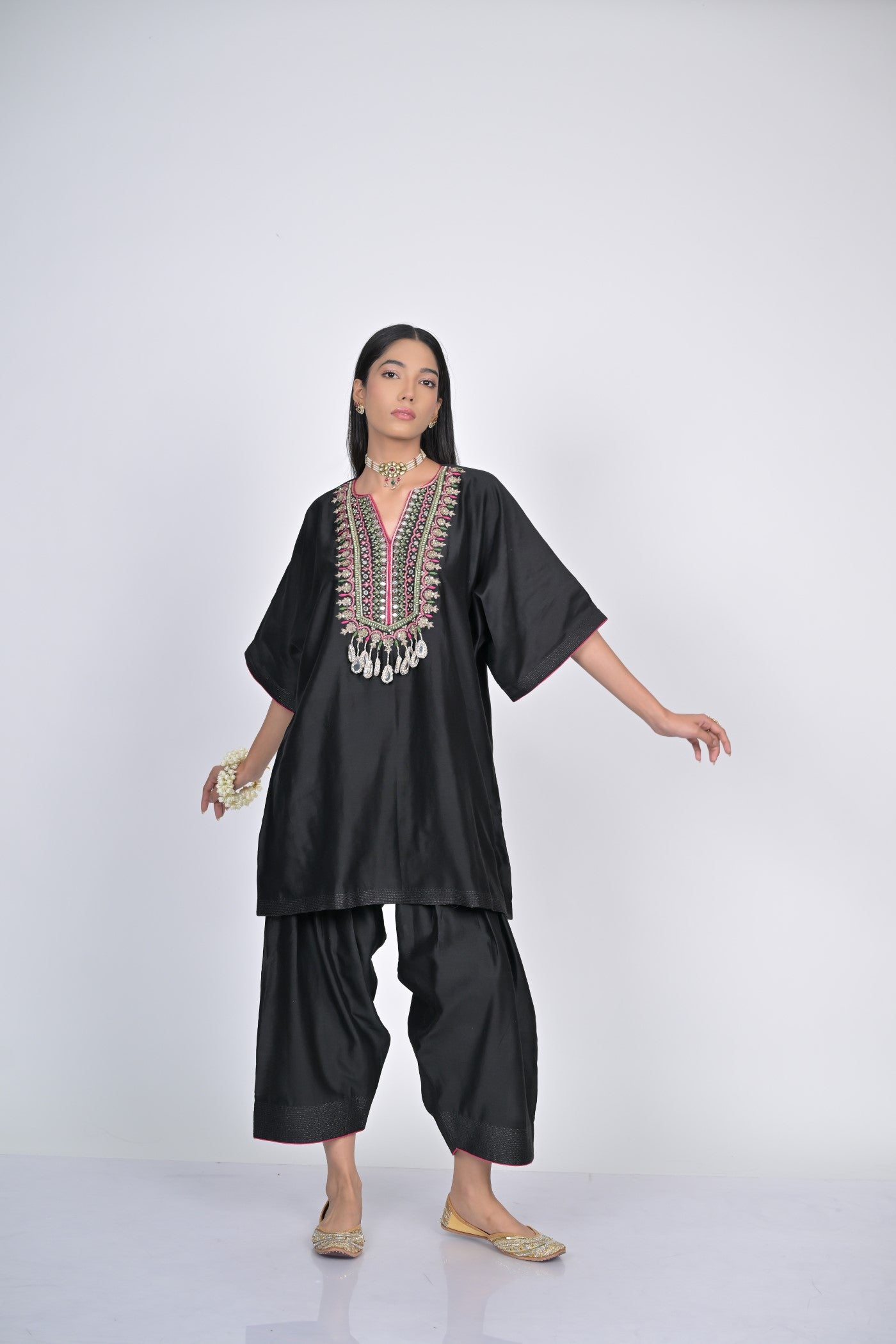 Black Embroidered Kaftan with Wide-Leg Pants Set