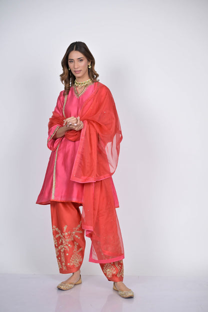 Pink and Coral Embroidered Kurta Set with Dupatta