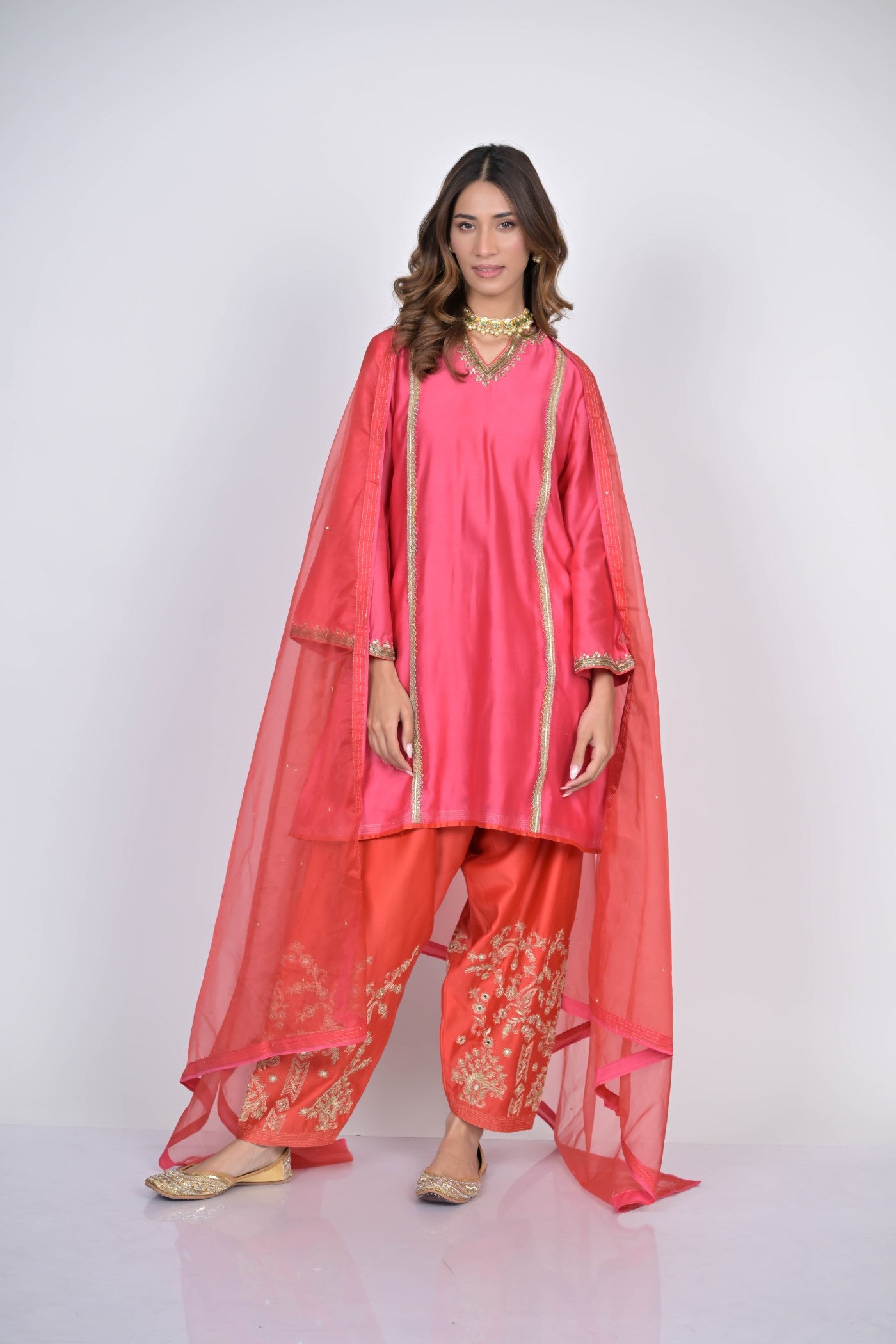 Pink and Coral Embroidered Kurta Set with Dupatta