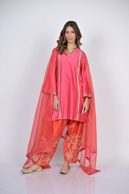 Pink and Coral Embroidered Kurta Set with Dupatta