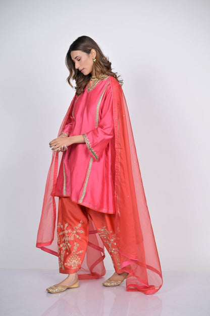 Pink and Coral Embroidered Kurta Set with Dupatta