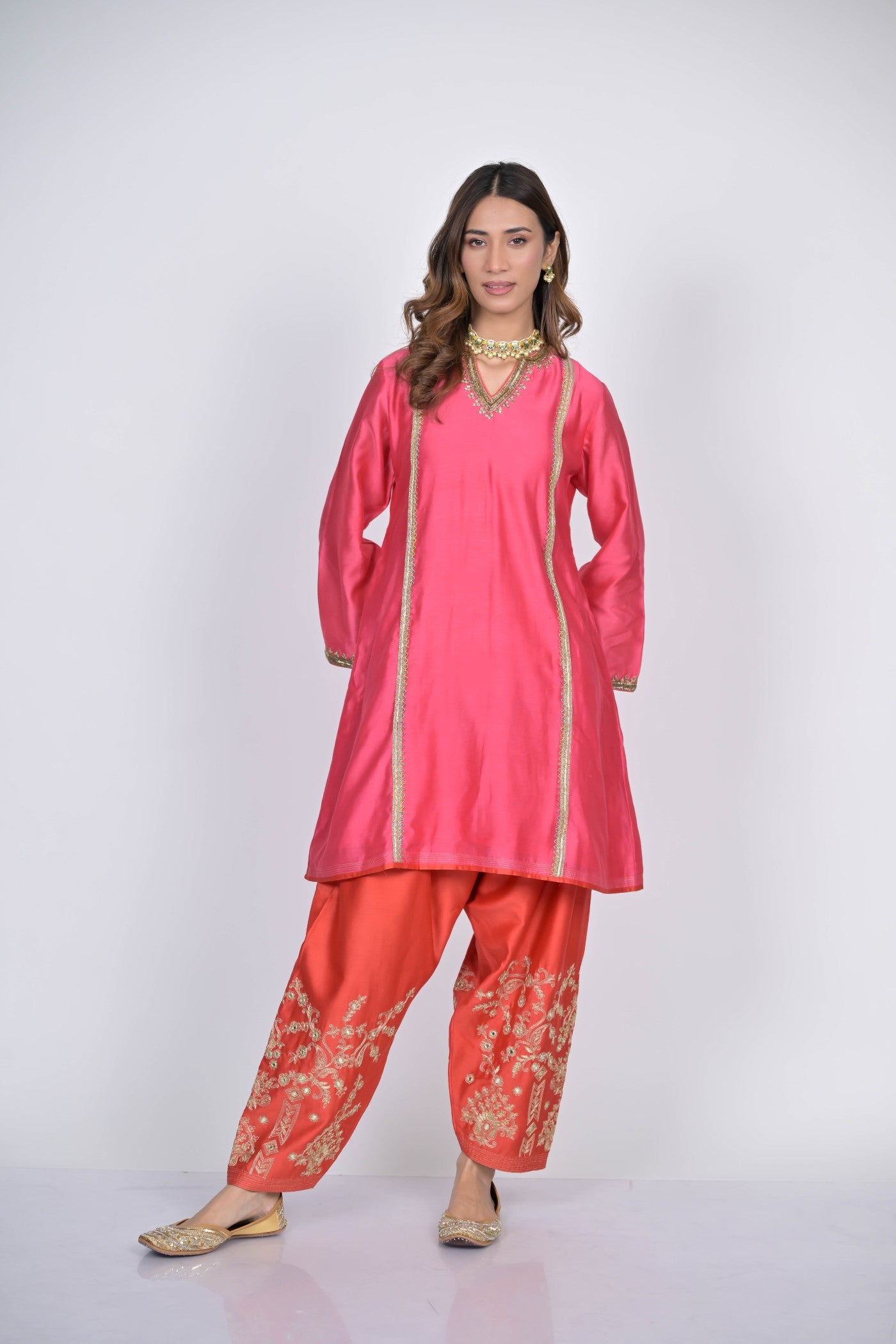 Pink and Coral Embroidered Kurta Set with Dupatta