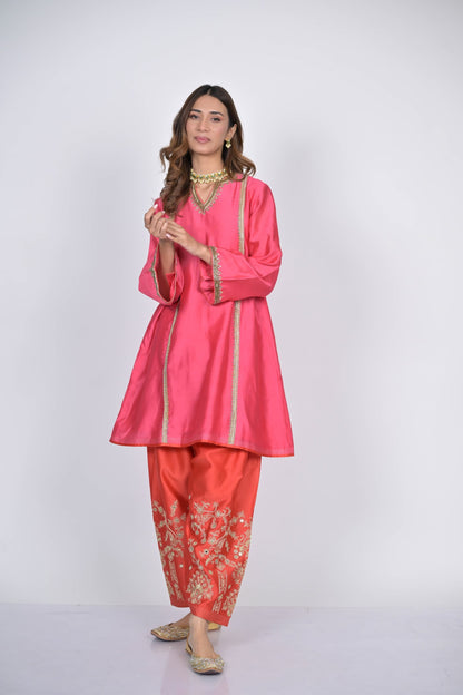 Pink and Coral Embroidered Kurta Set with Dupatta