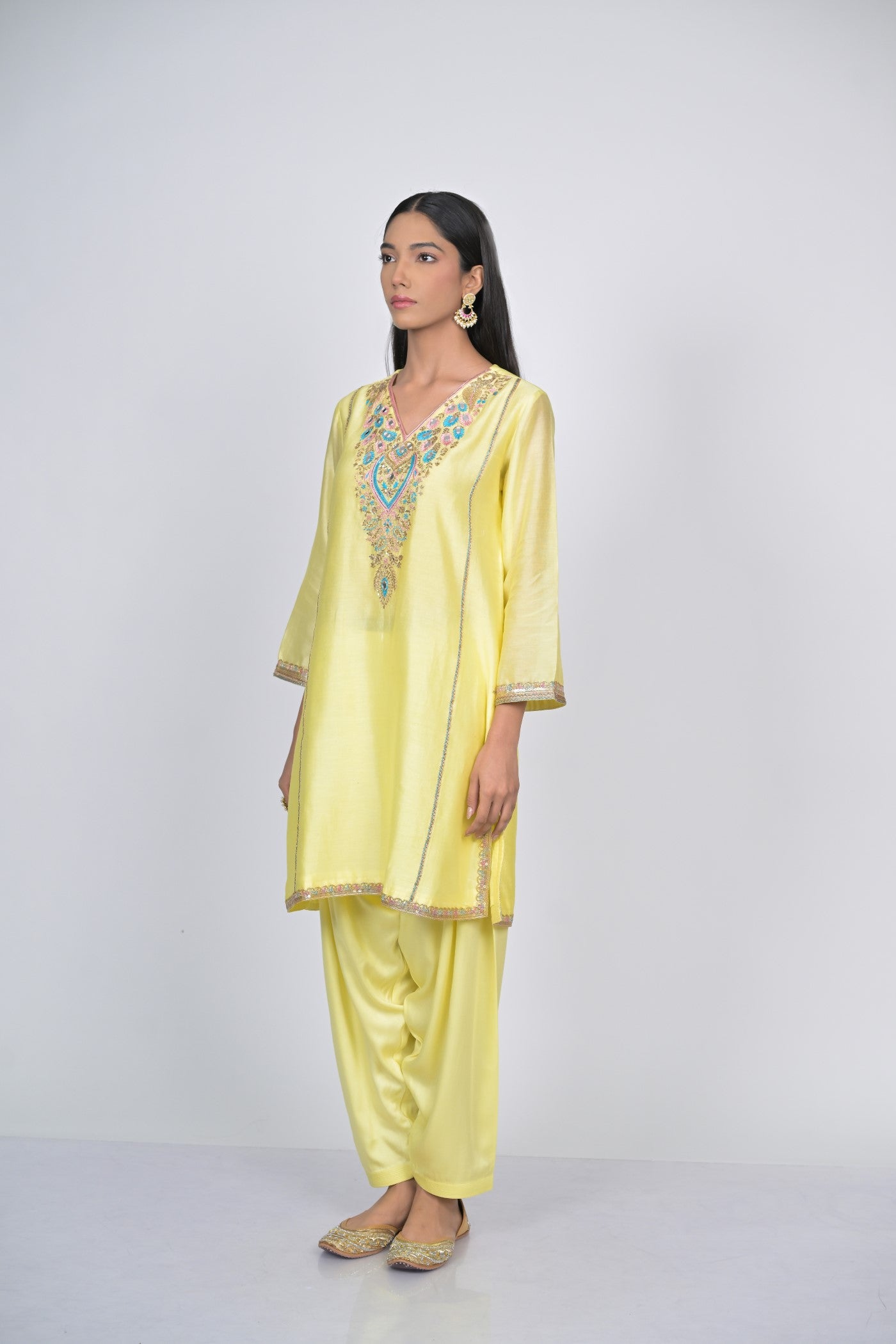 Lemon Yellow Embroidered Silk Kurta Set