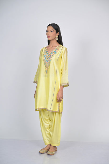 Lemon Yellow Embroidered Silk Kurta Set