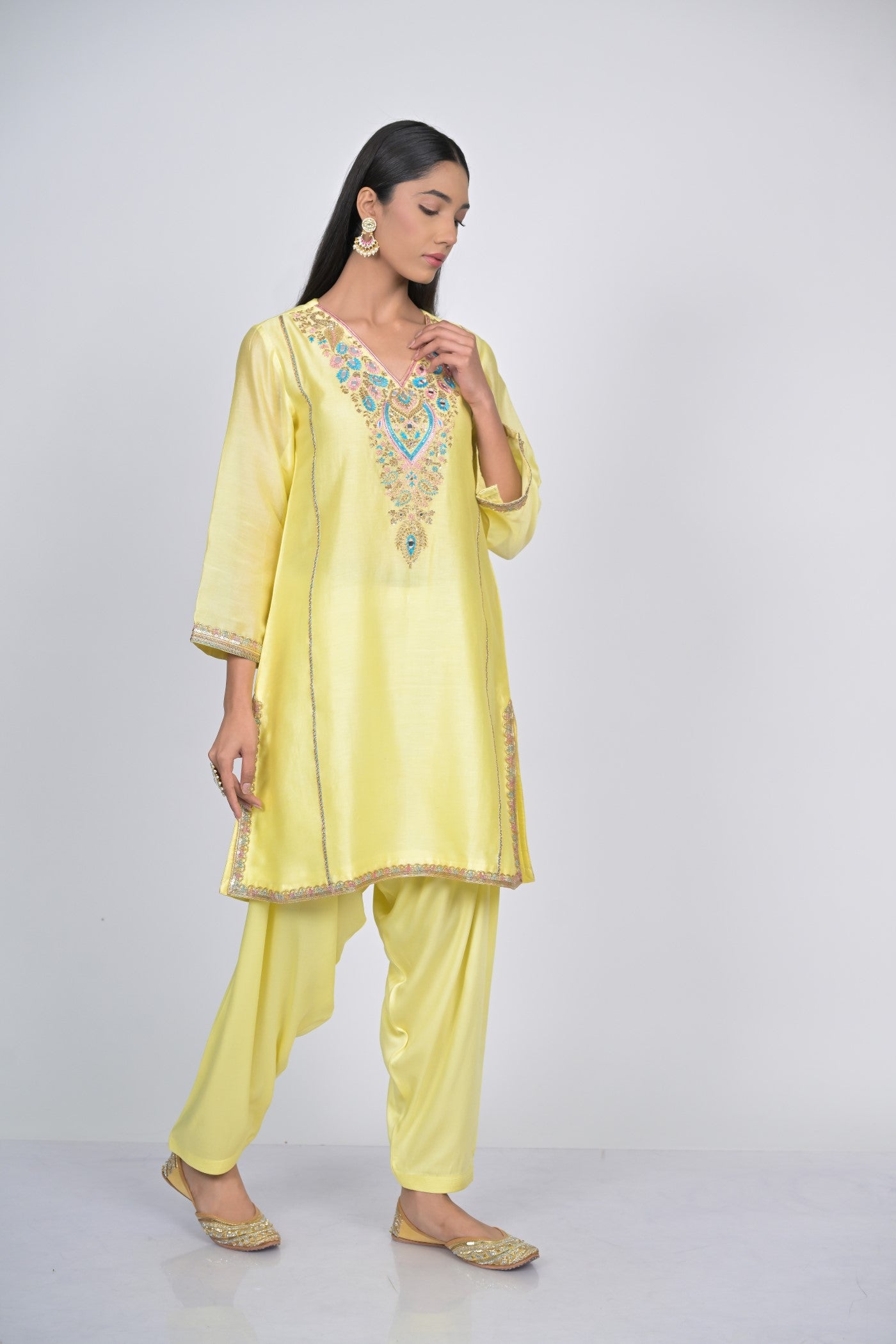 Lemon Yellow Embroidered Silk Kurta Set