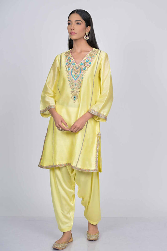 Lemon Yellow Embroidered Silk Kurta Set