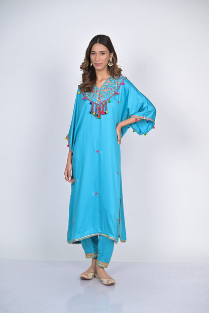 Blue Embroidered Kaftan Set