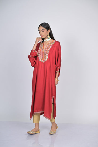 Elegant Red Embroidered Kaftan with Pants