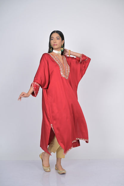 Elegant Red Embroidered Kaftan with Pants