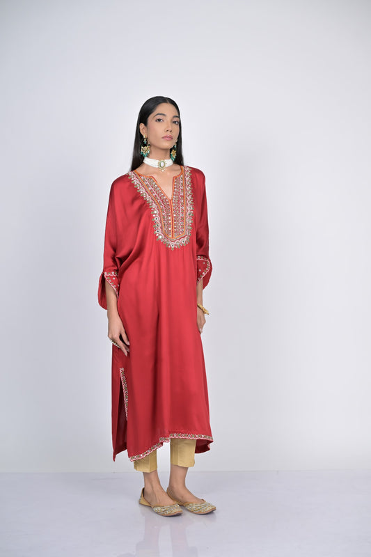 Elegant Red Embroidered Kaftan with Pants