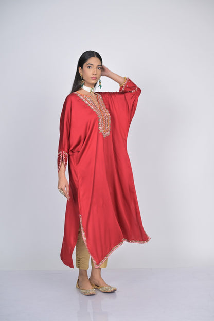 Elegant Red Embroidered Kaftan with Pants