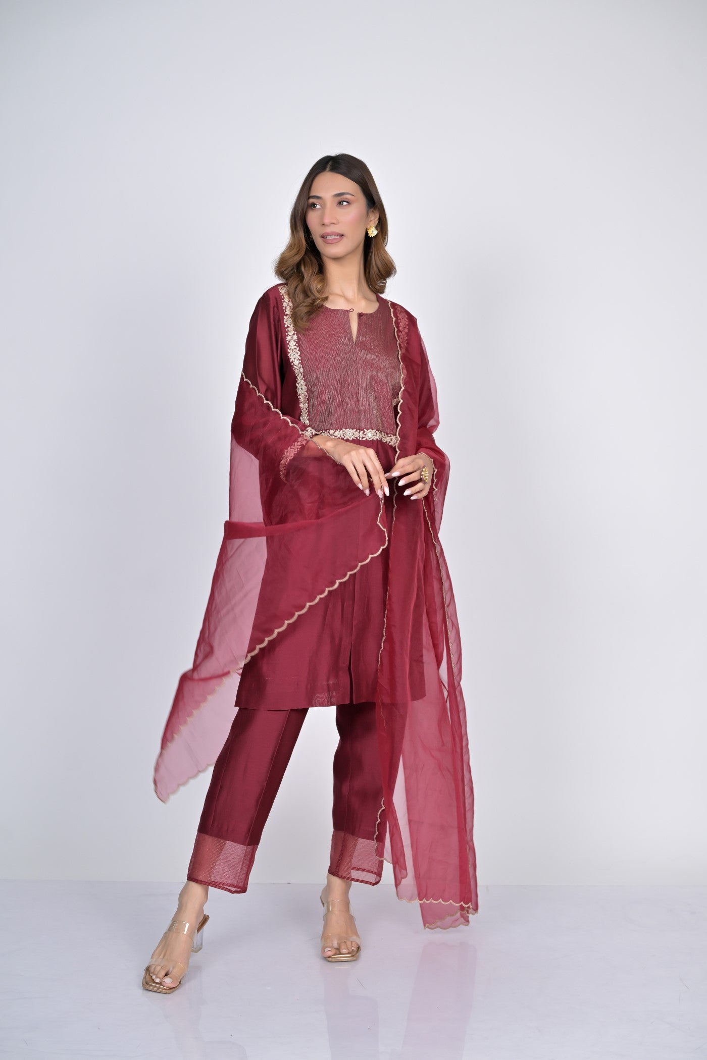 Maroon Sheer Dupatta Kurta Set