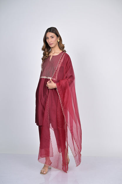 Maroon Sheer Dupatta Kurta Set