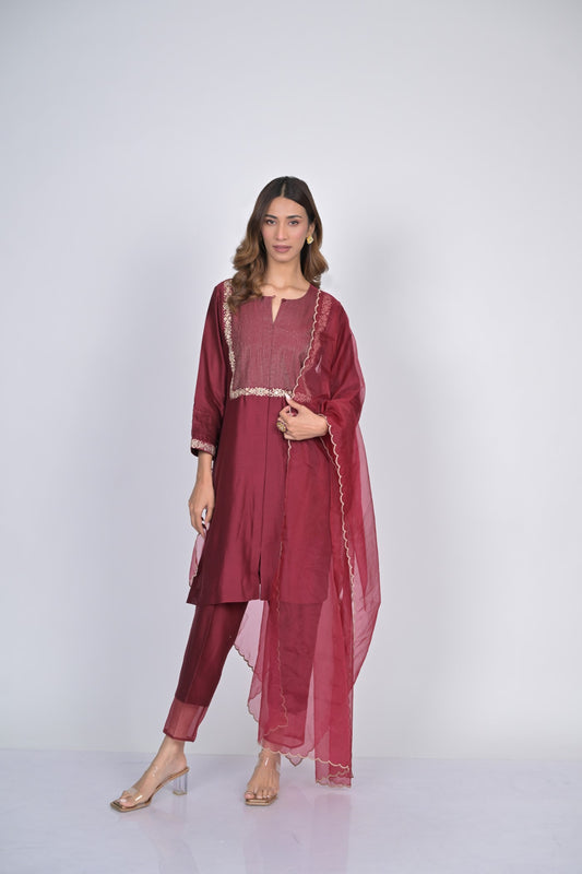 Maroon Sheer Dupatta Kurta Set