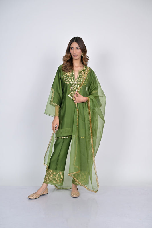 Luxe Olive Green Embroidered Kurta Set