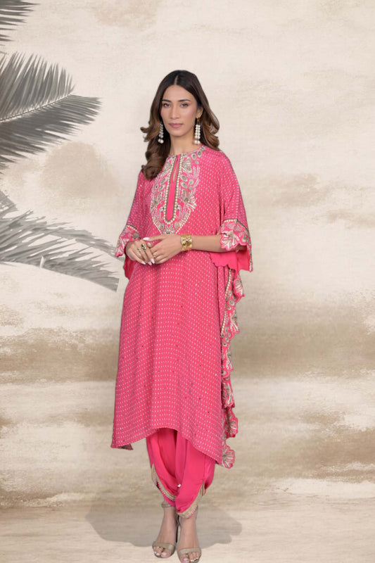 Fuchsia Pink Embroidered Asymmetrical Kurta Set