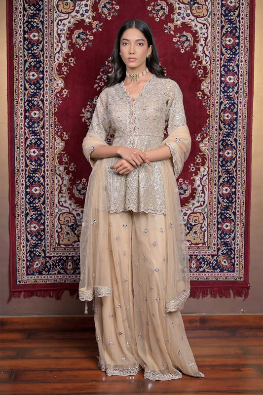 Classic Embroidered Beige Sharara Set